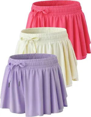 3 Pack Womens Flowy Running Shorts, 2-in-1 Butterfly Skirts with Shorts Underneath Spandex Athletic Casual Gym Workout Lounge