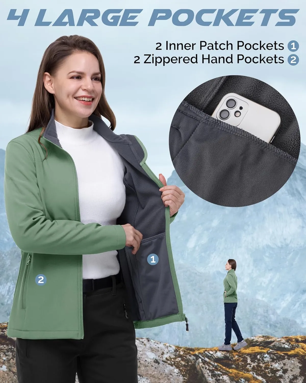 33,000ft Women's Lightweight Softshell Jacket Fleece Lined Windbreaker Waterproof Warm Jacket for Running Golf Hiking