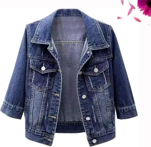 3/4 Sleeve Short Denim Jacket Plus Size,Jeans Jackets for Women 2024, Lapel Button Down Casual Jean Jackets