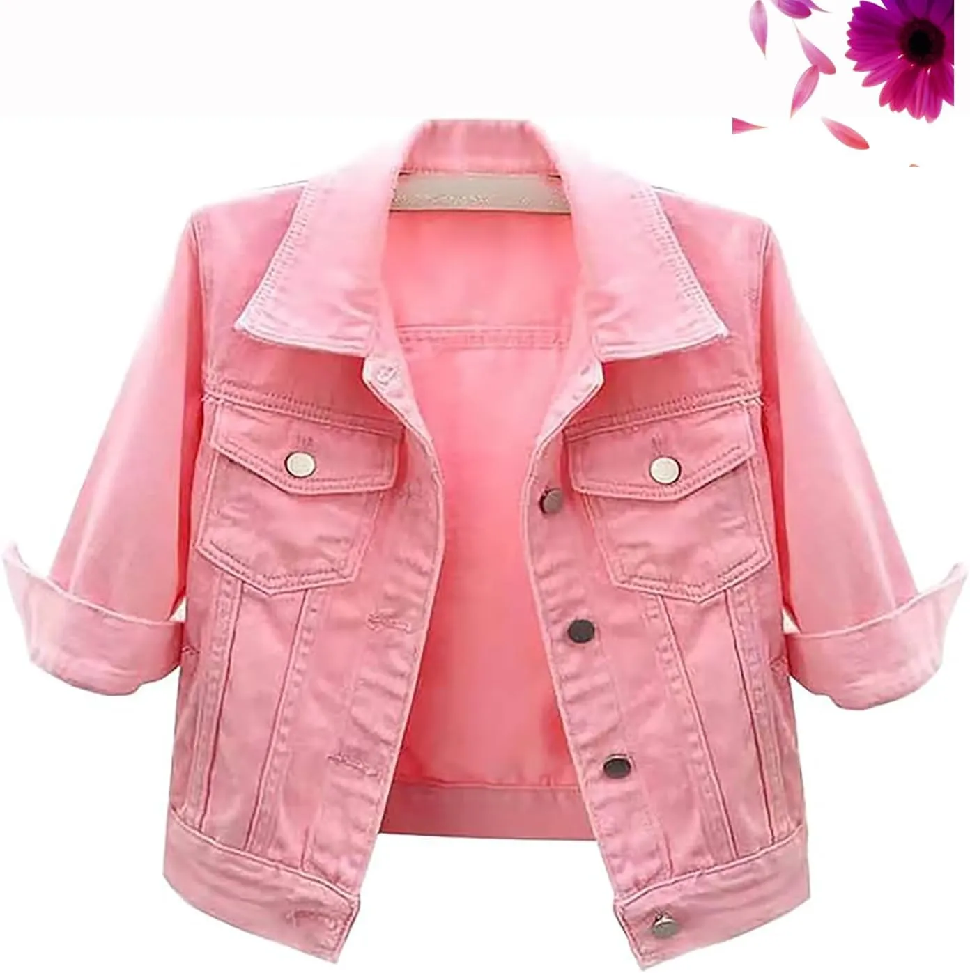 3/4 Sleeve Short Denim Jacket Plus Size,Jeans Jackets for Women 2024, Lapel Button Down Casual Jean Jackets