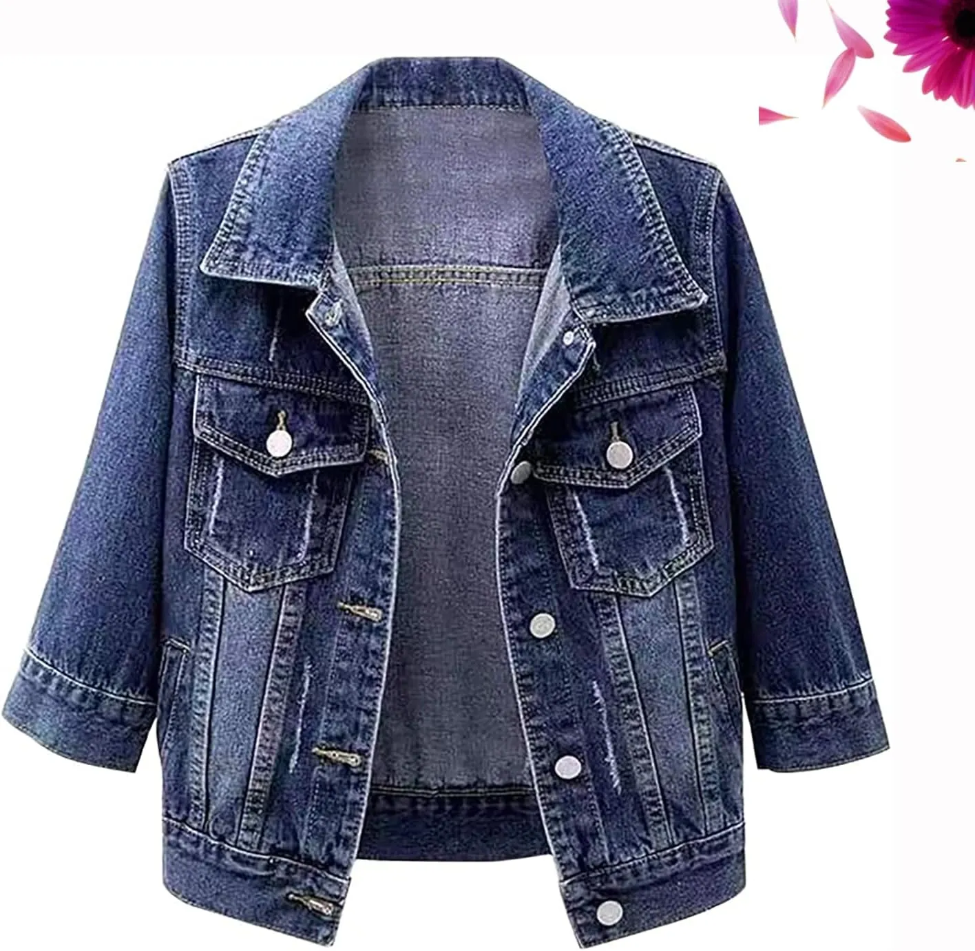 3/4 Sleeve Short Denim Jacket Plus Size,Jeans Jackets for Women 2024, Lapel Button Down Casual Jean Jackets
