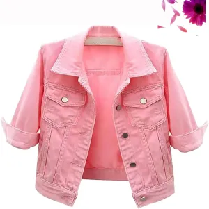 3/4 Sleeve Short Denim Jacket Plus Size,Jeans Jackets for Women 2024, Lapel Button Down Casual Jean Jackets