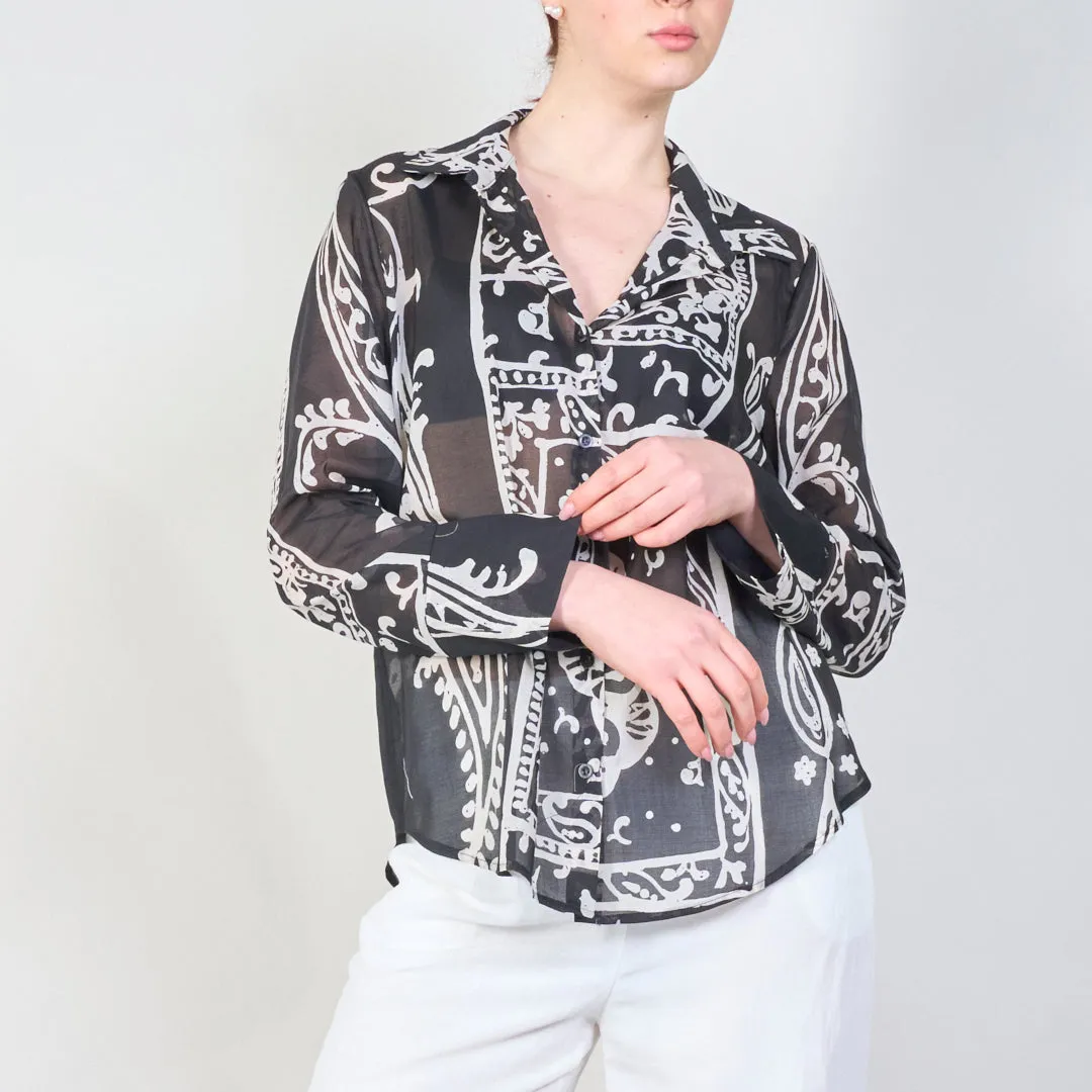 Abstract print sheer blouse with button-up front wholesale