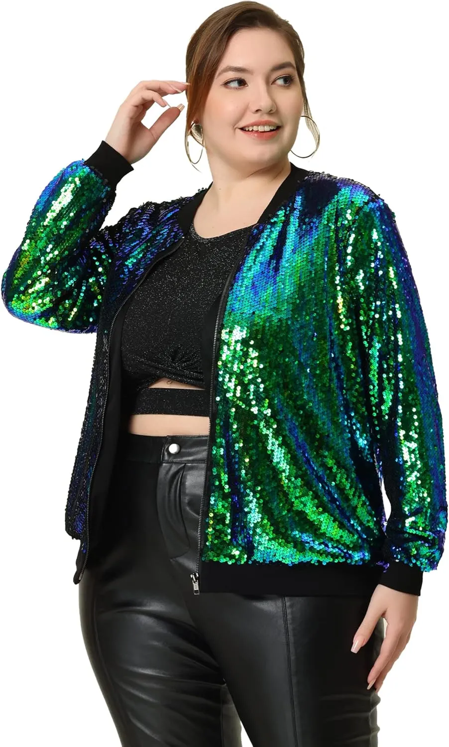 Agnes Orinda Plus Size Metallic Jacket for Women Sparkle Party 2024 Sequin Bomber Jackets
