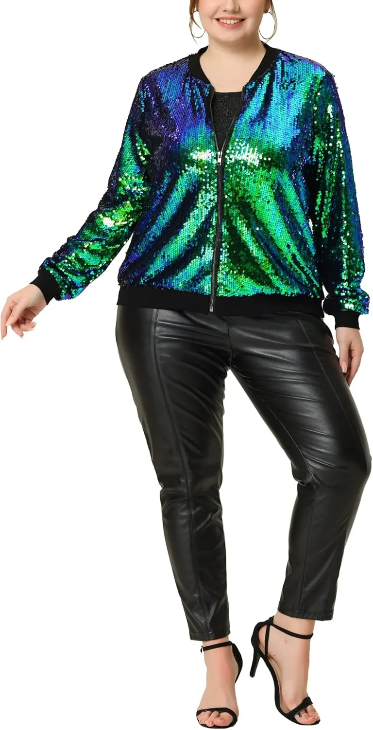 Agnes Orinda Plus Size Metallic Jacket for Women Sparkle Party 2024 Sequin Bomber Jackets
