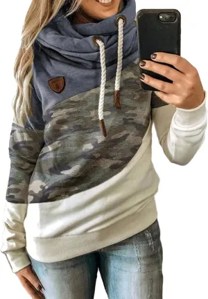 Akivide Women's Casual Cowl Neck Pullover Hoodie Color Block Graphic Long Sleeve Drawstring Hooded Sweatshirt Tops