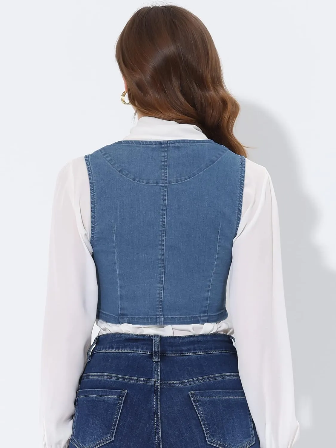 Allegra K Denim Vest for Women's Button Up Sleeveless Crop Jean Vest Waistcoat