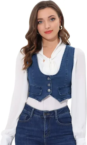 Allegra K Denim Vest for Women's Button Up Sleeveless Crop Jean Vest Waistcoat