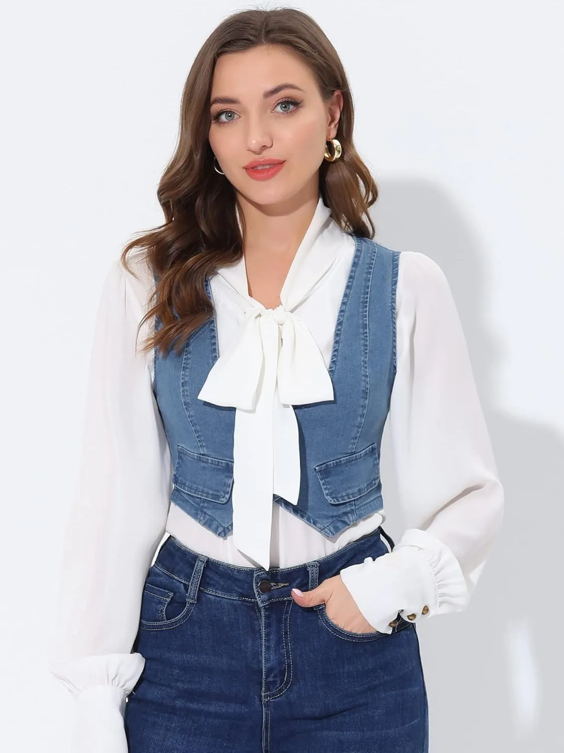 Allegra K Denim Vest for Women's Button Up Sleeveless Crop Jean Vest Waistcoat