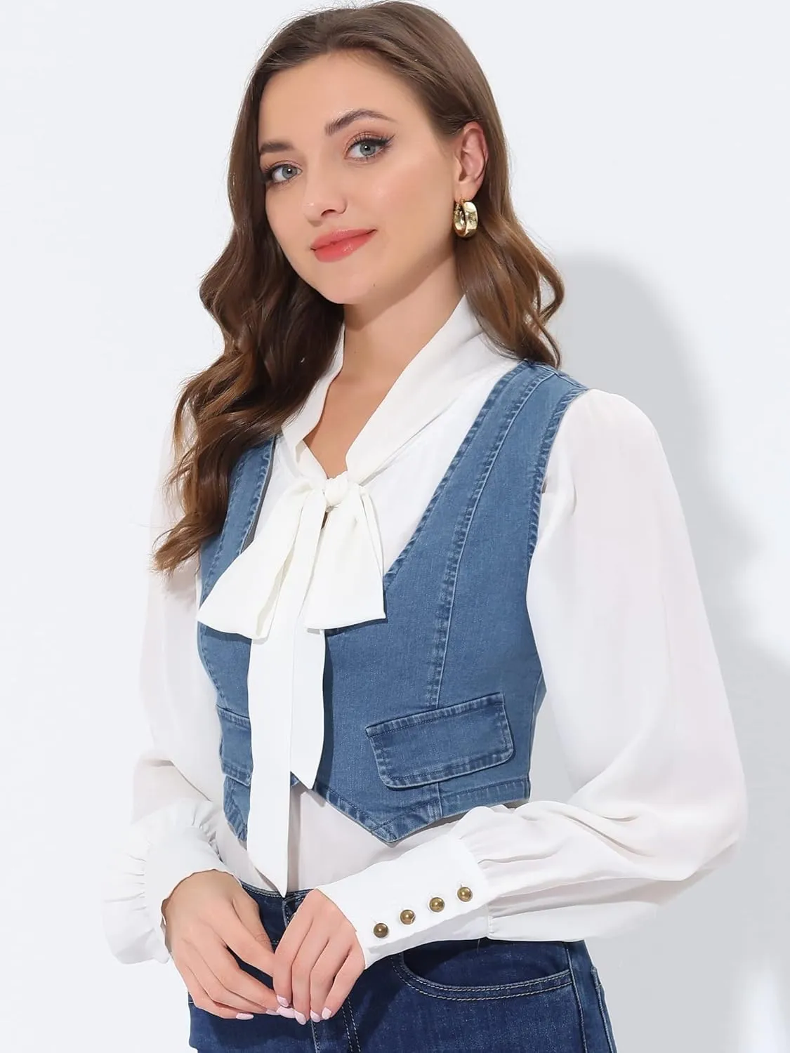 Allegra K Denim Vest for Women's Button Up Sleeveless Crop Jean Vest Waistcoat