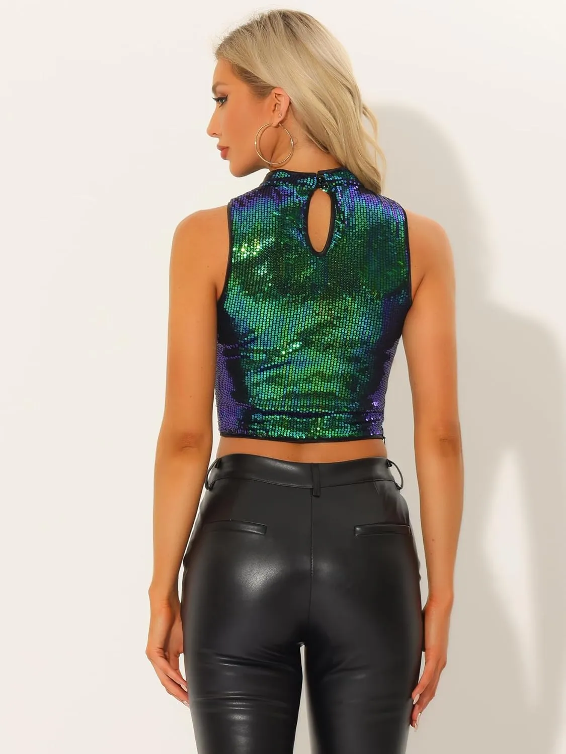 Allegra K Metallic Crop Top for Women's Sleeveless Sparkly Sequin Tops