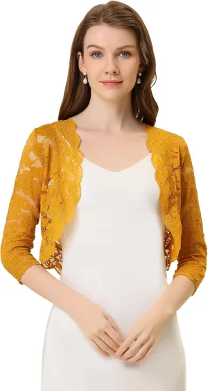 Allegra K Women's Elegant 3/4 Sleeve Sheer Floral Lace Shrug Top