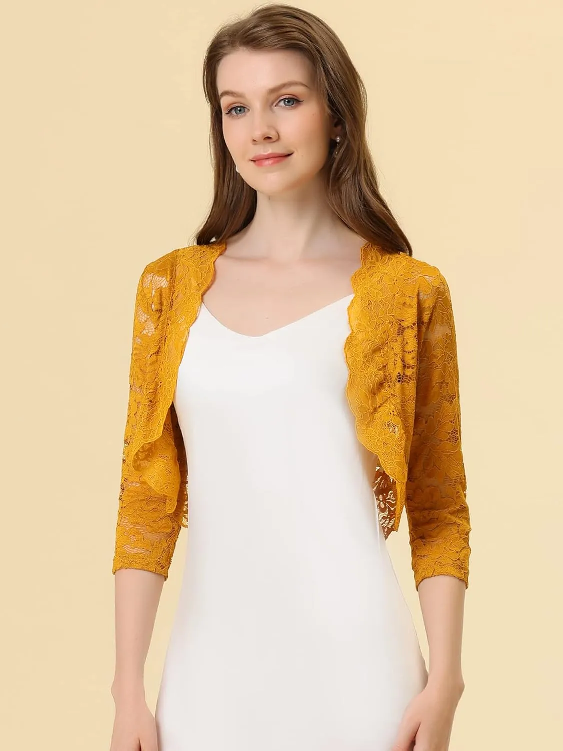 Allegra K Women's Elegant 3/4 Sleeve Sheer Floral Lace Shrug Top