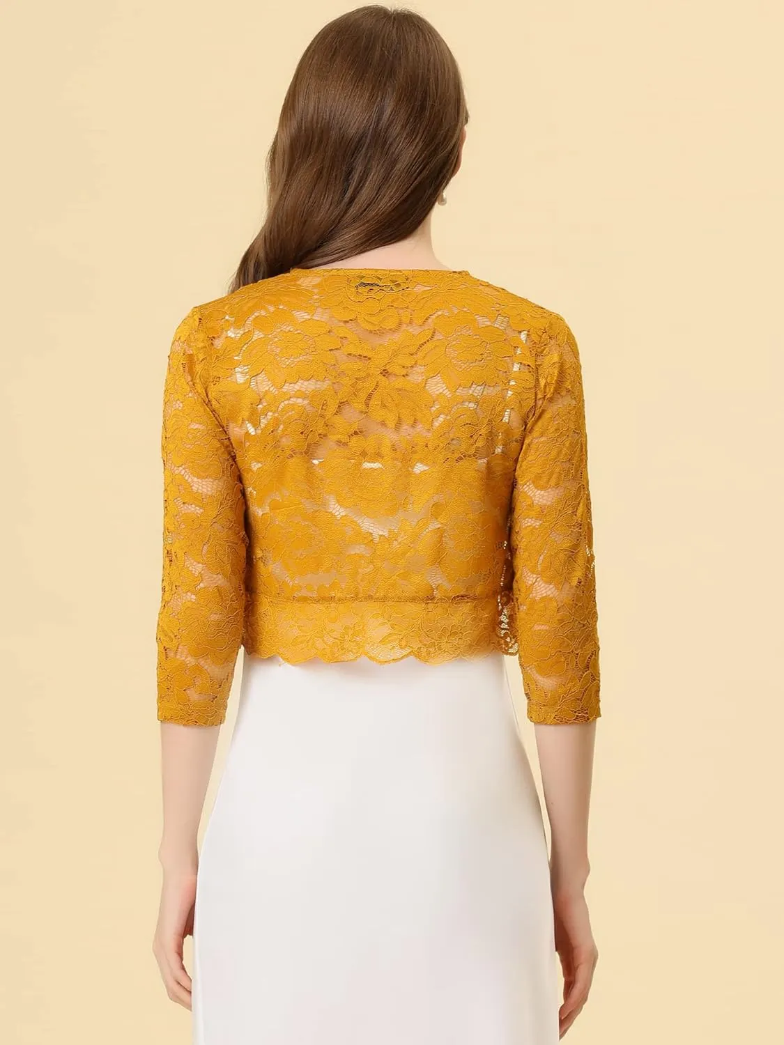 Allegra K Women's Elegant 3/4 Sleeve Sheer Floral Lace Shrug Top