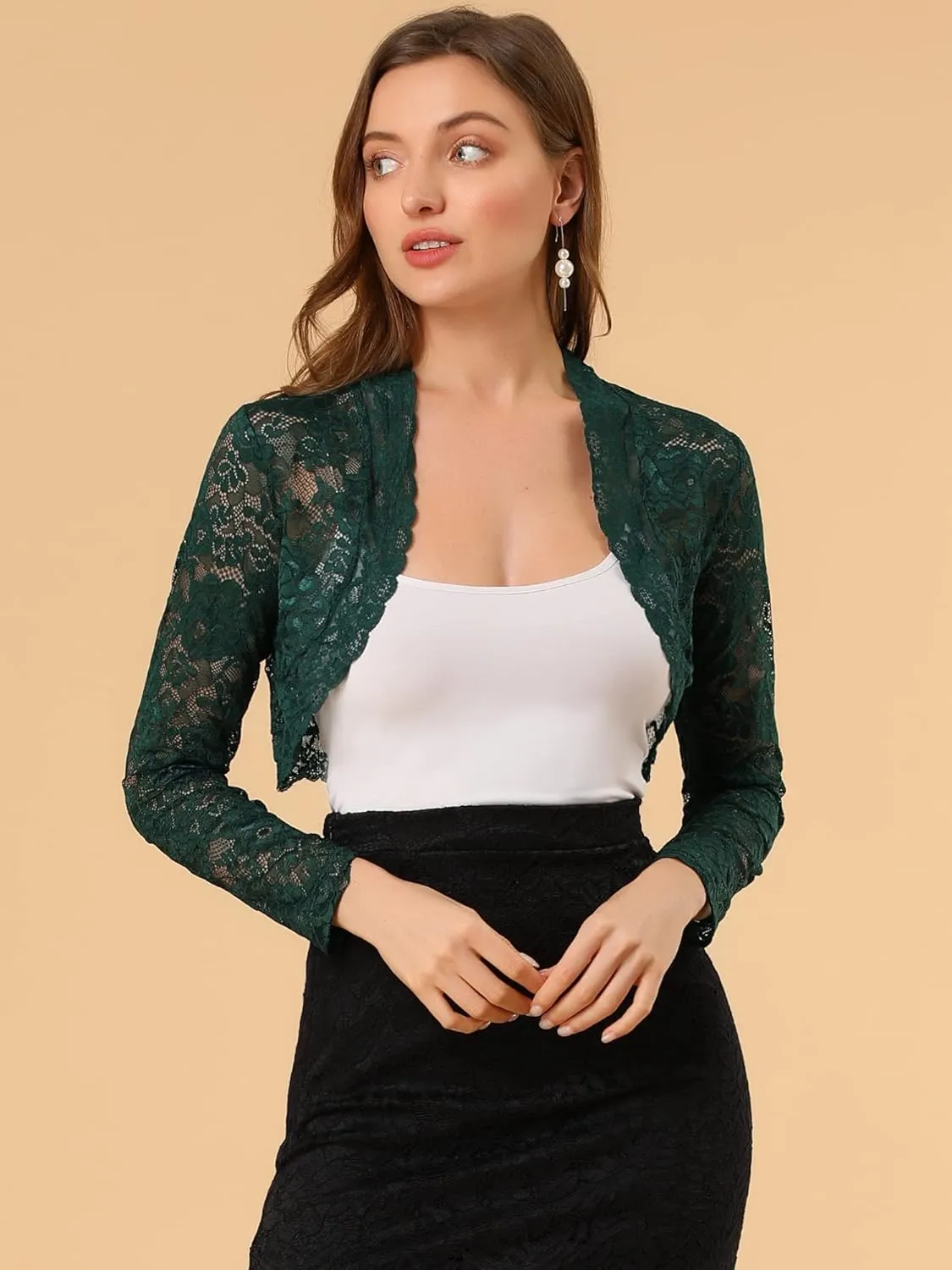 Allegra K Women's Elegant Crop Cardigan Sheer Floral Lace Bolero Shrug Top