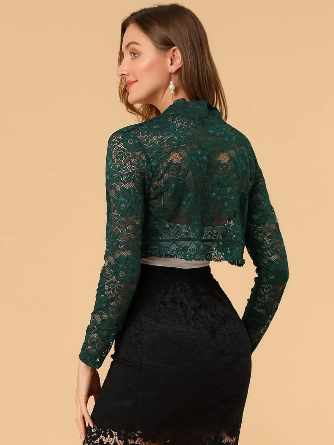 Allegra K Women's Elegant Crop Cardigan Sheer Floral Lace Bolero Shrug Top