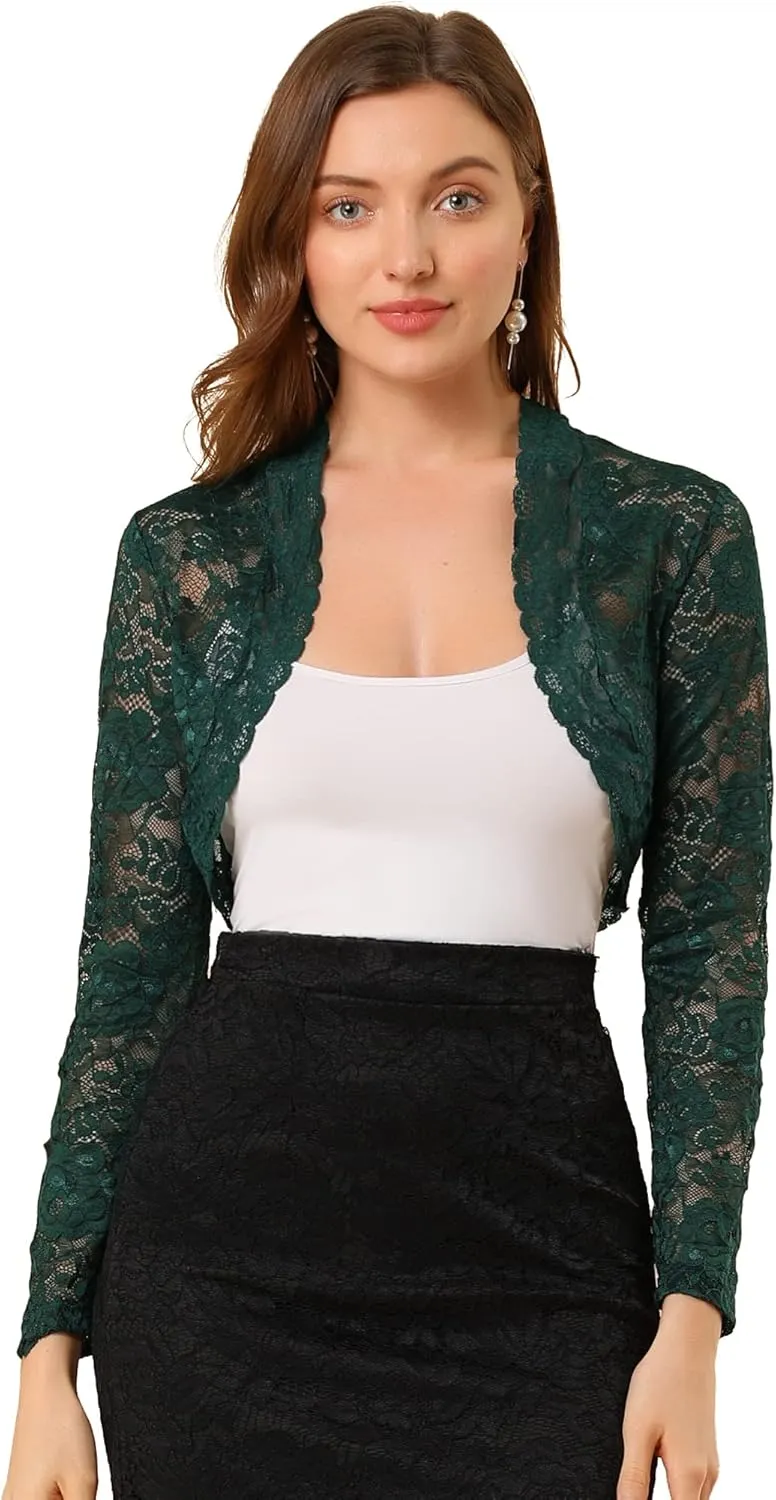 Allegra K Women's Elegant Crop Cardigan Sheer Floral Lace Bolero Shrug Top