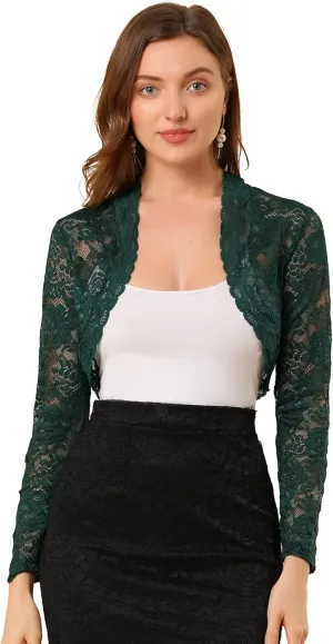 Allegra K Women's Elegant Crop Cardigan Sheer Floral Lace Bolero Shrug Top