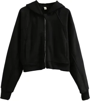 Amazhiyu Women' s Fleece Oversized Full-Zip Cropped Hoodie Winter Crop Top