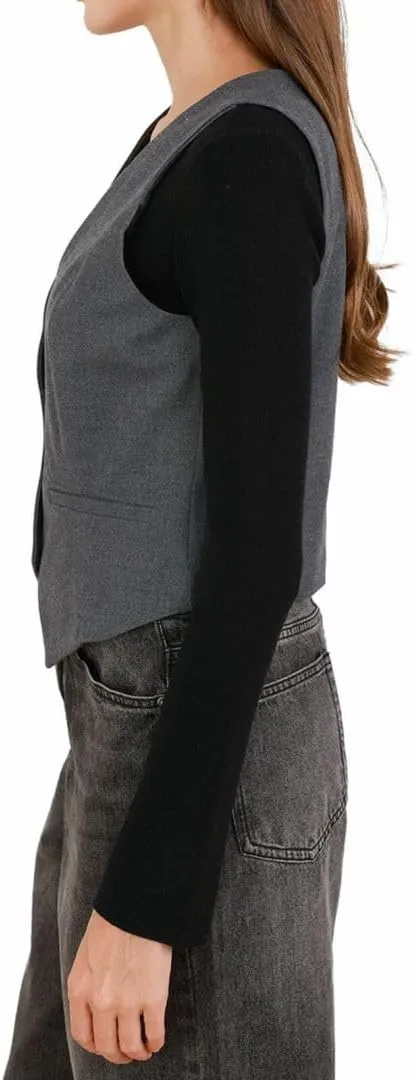 Amazhiyu Women's Wool Button-up Sleeveless Waistcoat Vest Crop Top with Pockets