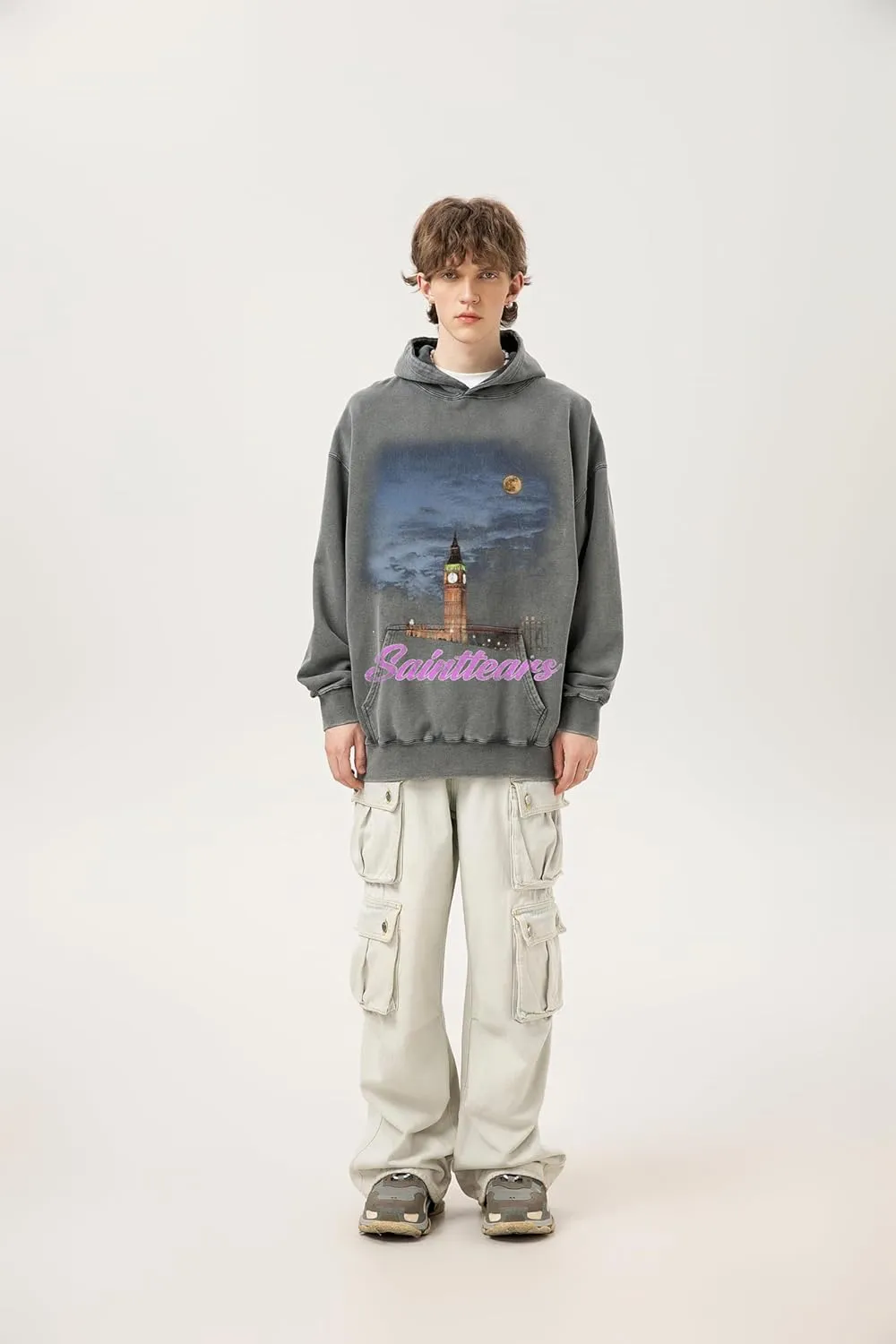 Arnodefrance Men Vintage Washed Graphic Hoodies Printing Graffiti Hoodie Cotton Warm Pullover