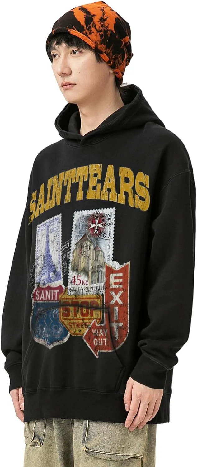 Arnodefrance Men Vintage Washed Graphic Hoodies Printing Graffiti Hoodie Cotton Warm Pullover