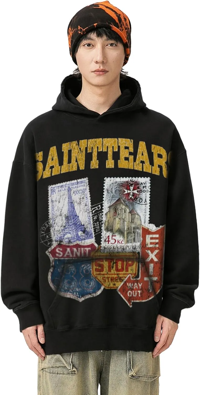 Arnodefrance Men Vintage Washed Graphic Hoodies Printing Graffiti Hoodie Cotton Warm Pullover