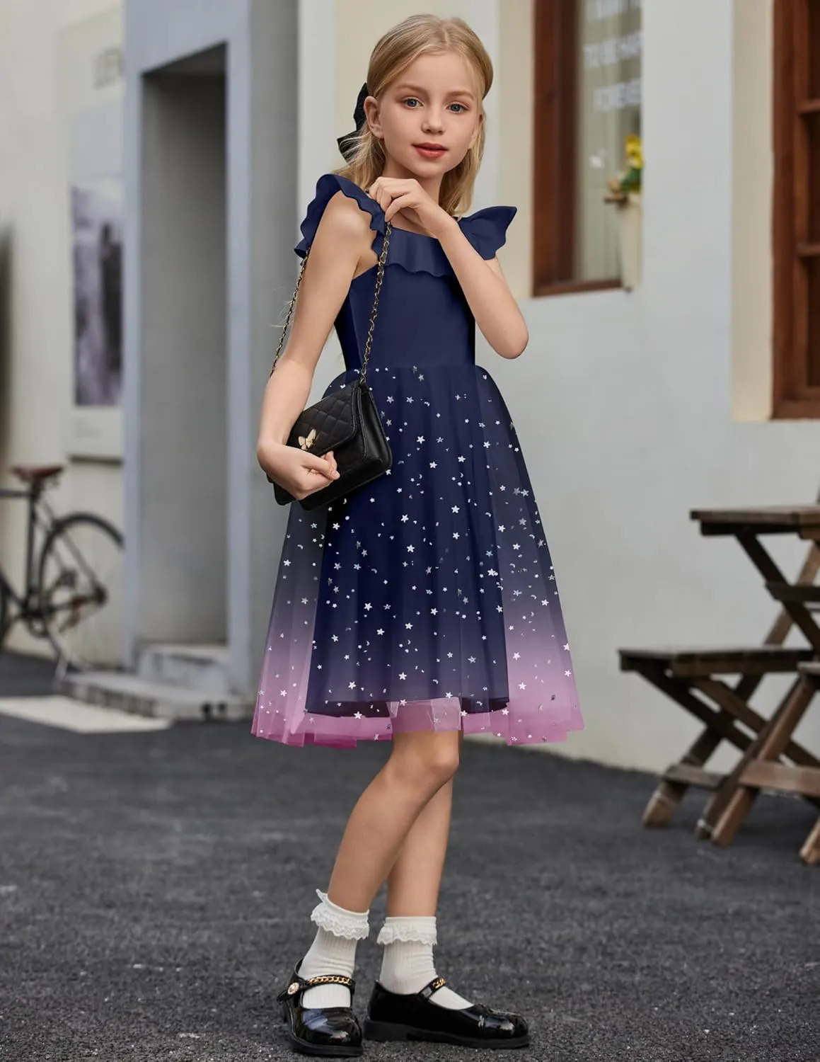 Arshiner Girls Dresses Summer Square Neck Ruffle Sleeve Formal Party Birthday Tulle Dress 6-14 Years