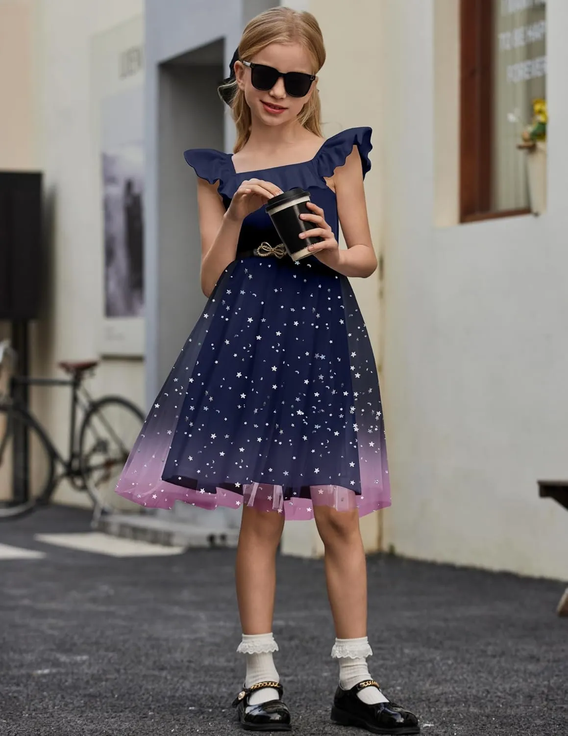 Arshiner Girls Dresses Summer Square Neck Ruffle Sleeve Formal Party Birthday Tulle Dress 6-14 Years