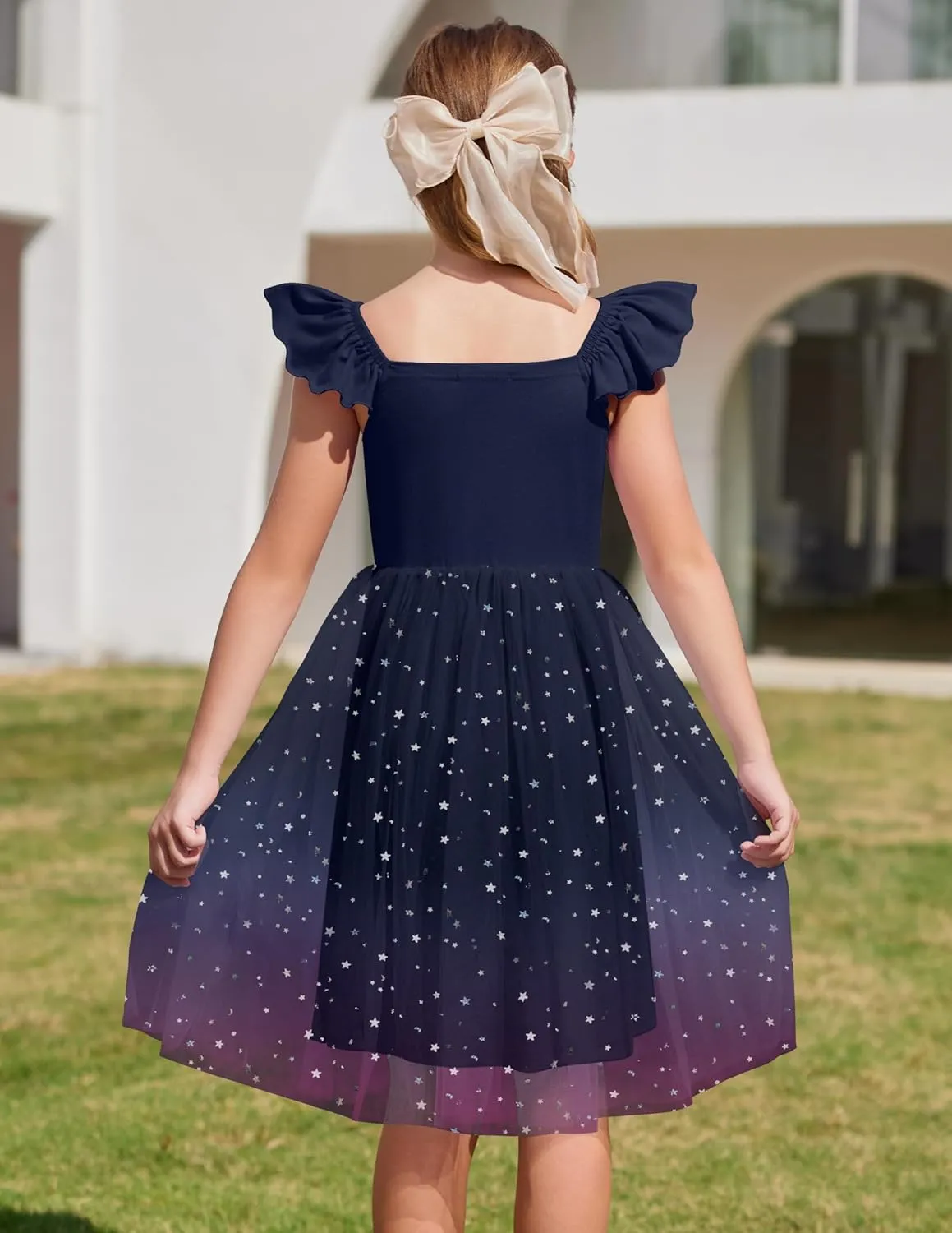 Arshiner Girls Dresses Summer Square Neck Ruffle Sleeve Formal Party Birthday Tulle Dress 6-14 Years