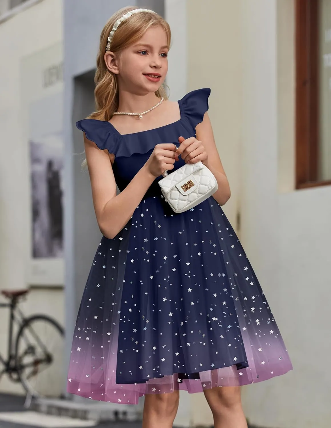 Arshiner Girls Dresses Summer Square Neck Ruffle Sleeve Formal Party Birthday Tulle Dress 6-14 Years