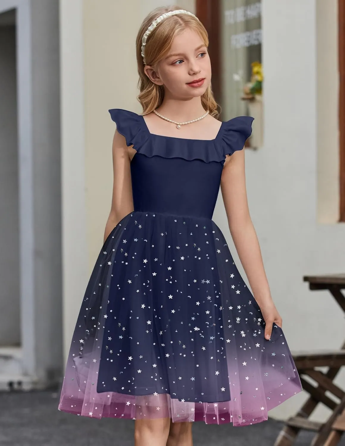 Arshiner Girls Dresses Summer Square Neck Ruffle Sleeve Formal Party Birthday Tulle Dress 6-14 Years