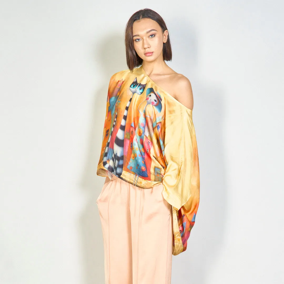 Artistic loose-fit blouse with whimsical cat print wholesale