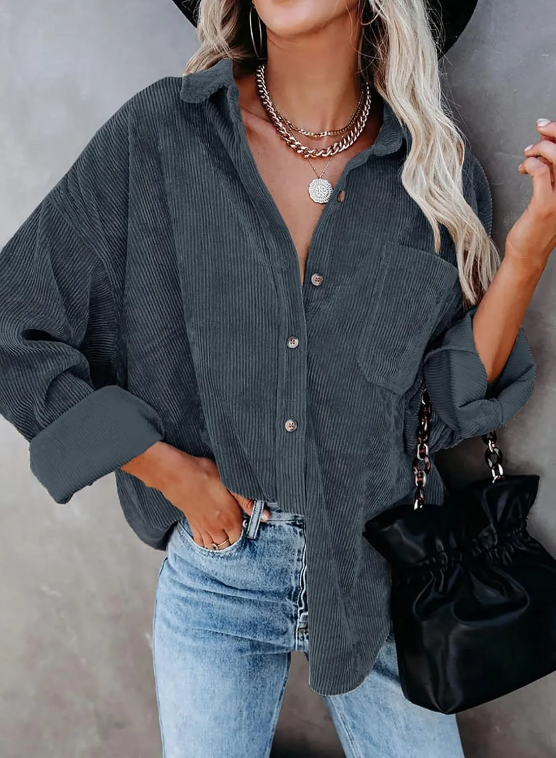 Astylish Women Corduroy Shirts Casual Long Sleeve Button Down Blouses Top