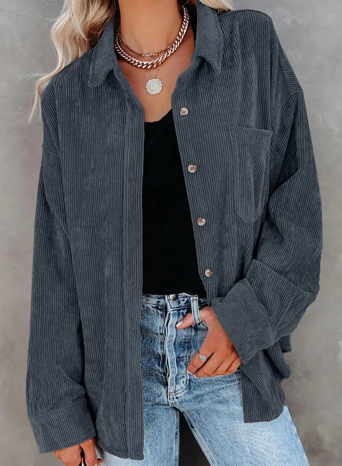 Astylish Women Corduroy Shirts Casual Long Sleeve Button Down Blouses Top