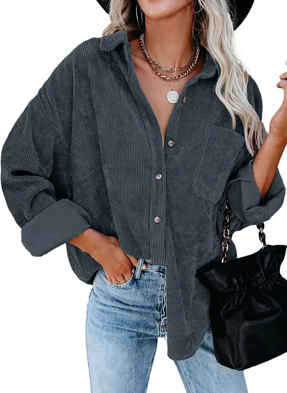 Astylish Women Corduroy Shirts Casual Long Sleeve Button Down Blouses Top