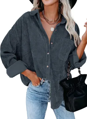 Astylish Women Corduroy Shirts Casual Long Sleeve Button Down Blouses Top