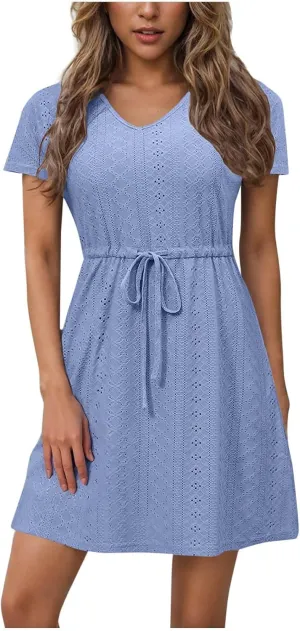 Beach Dresses for Women 2025 Summer Drawstring Waist Casual Eyelet Dress A-Line Flowy Split Hem Vacation Mini Dress