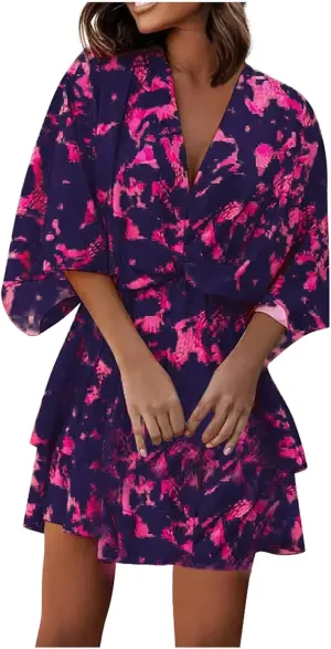 Beach Dresses for Women,2024 Summer Batwing Sleeve Floral Print Boho Dress,Casual V Neck Tiered Ruched Mini Dress