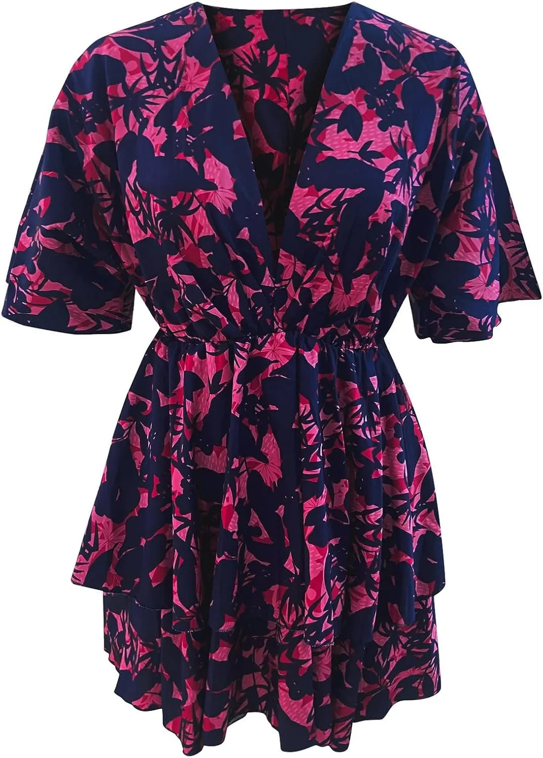 Beach Dresses for Women,2024 Summer Batwing Sleeve Floral Print Boho Dress,Casual V Neck Tiered Ruched Mini Dress