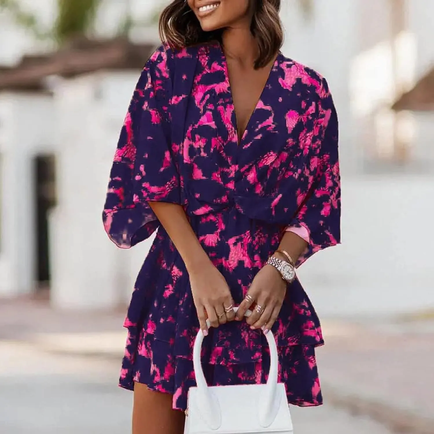 Beach Dresses for Women,2024 Summer Batwing Sleeve Floral Print Boho Dress,Casual V Neck Tiered Ruched Mini Dress