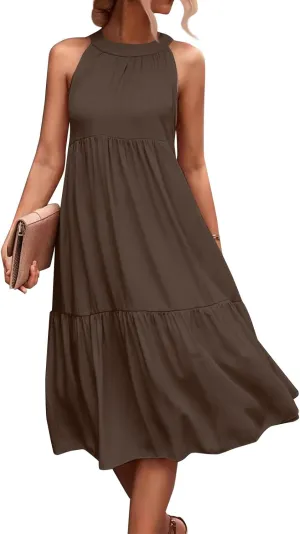Beach Dresses for Women,2025 Summer Trendy Sleeveless Halter A Line Sundress,Flowy Pleated Tiered Swing Boho Dress