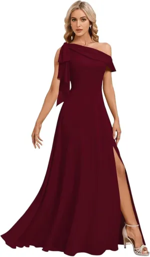 Bekvamlighet Bow One Shoulder Bridesmaid Dresses for Wedding Chiffon Long Formal Evening Gown with Slit Party Gown
