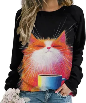 Bengbobar Tops for Women Casual Fall Plus Long Sleeve Crewneck Shirts Cute Cat Graphic Hoodies Trendy Womens Sweatshirt