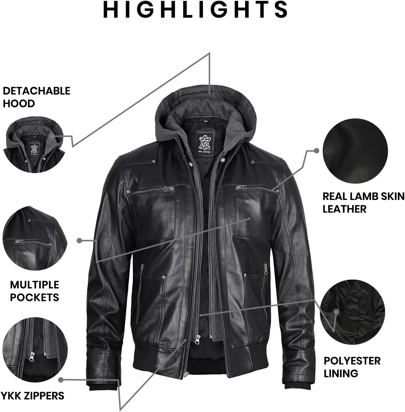 Blingsoul Mens Leather Jacket Removable Hooded Black Leather Jackets For Men