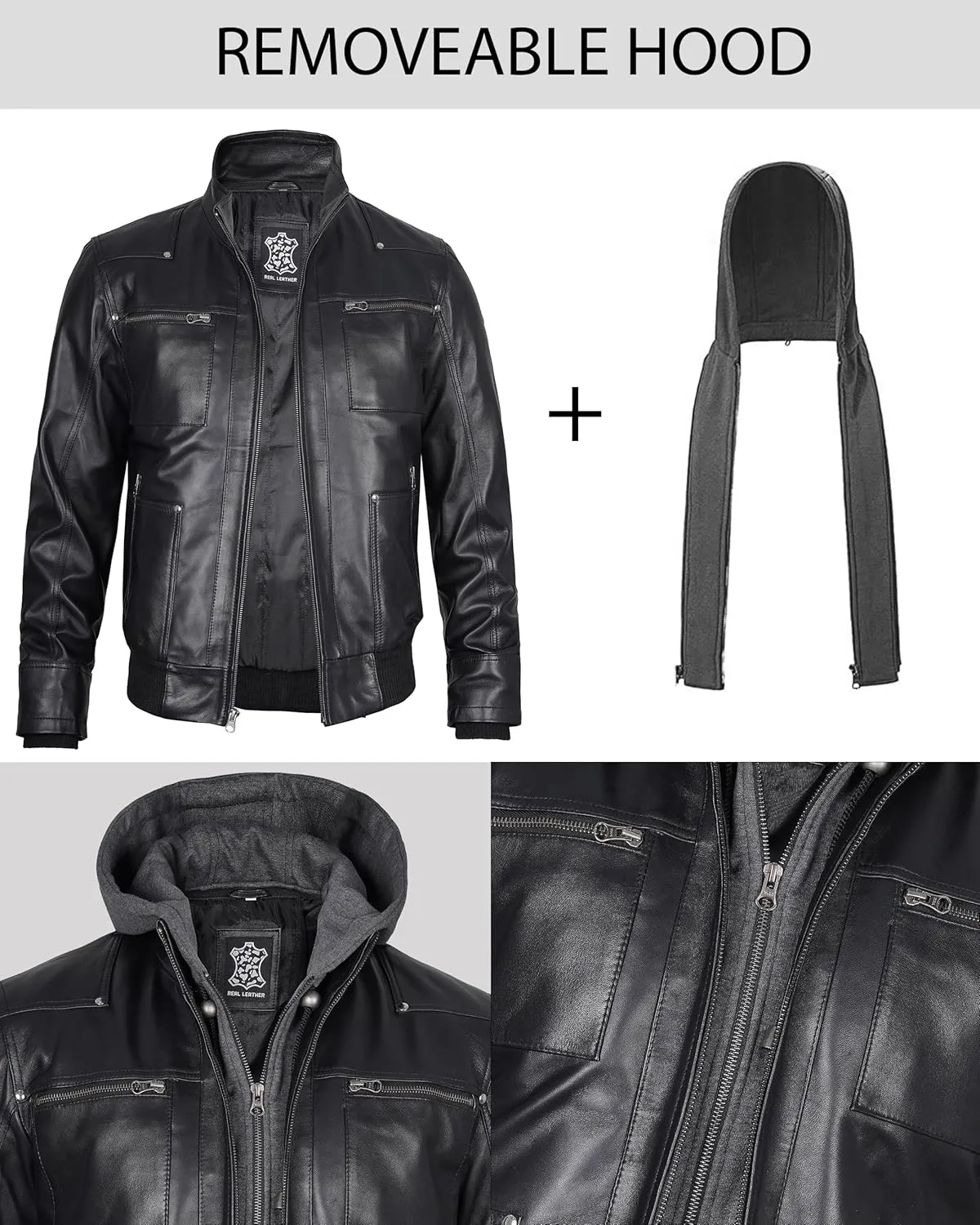 Blingsoul Mens Leather Jacket Removable Hooded Black Leather Jackets For Men
