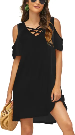 Bluetime Women Cold Shoulder Summer Dress Short Sleeve Beach Casual Loose Swing Dress