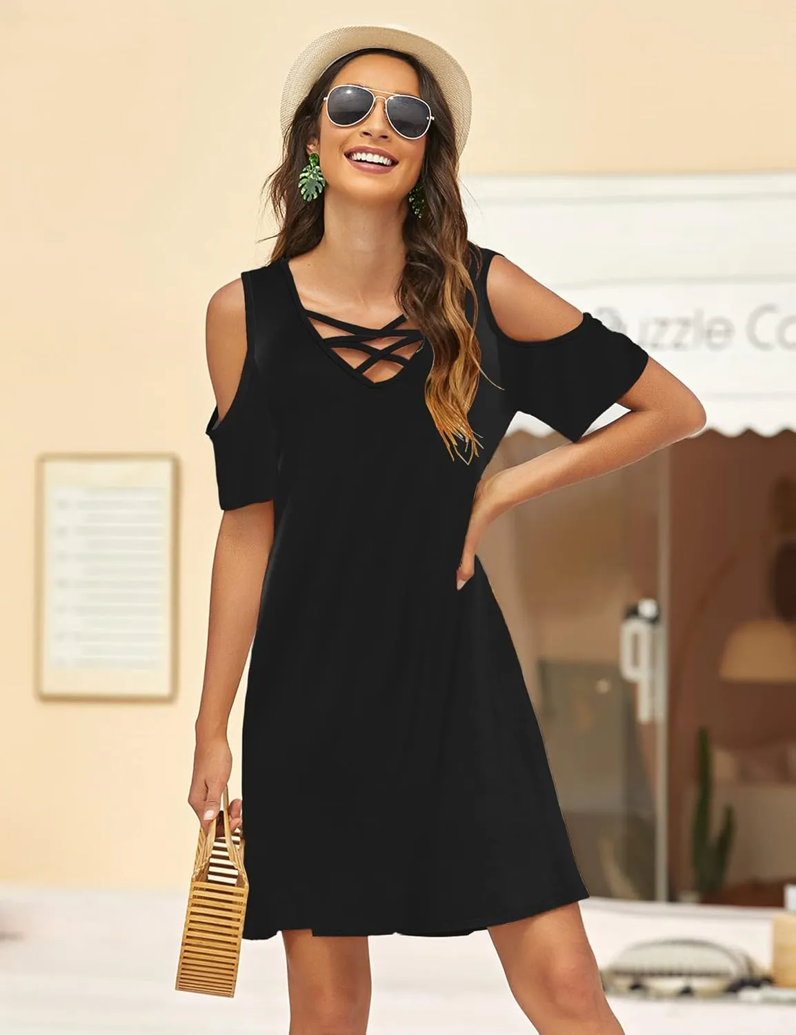 Bluetime Women Cold Shoulder Summer Dress Short Sleeve Beach Casual Loose Swing Dress