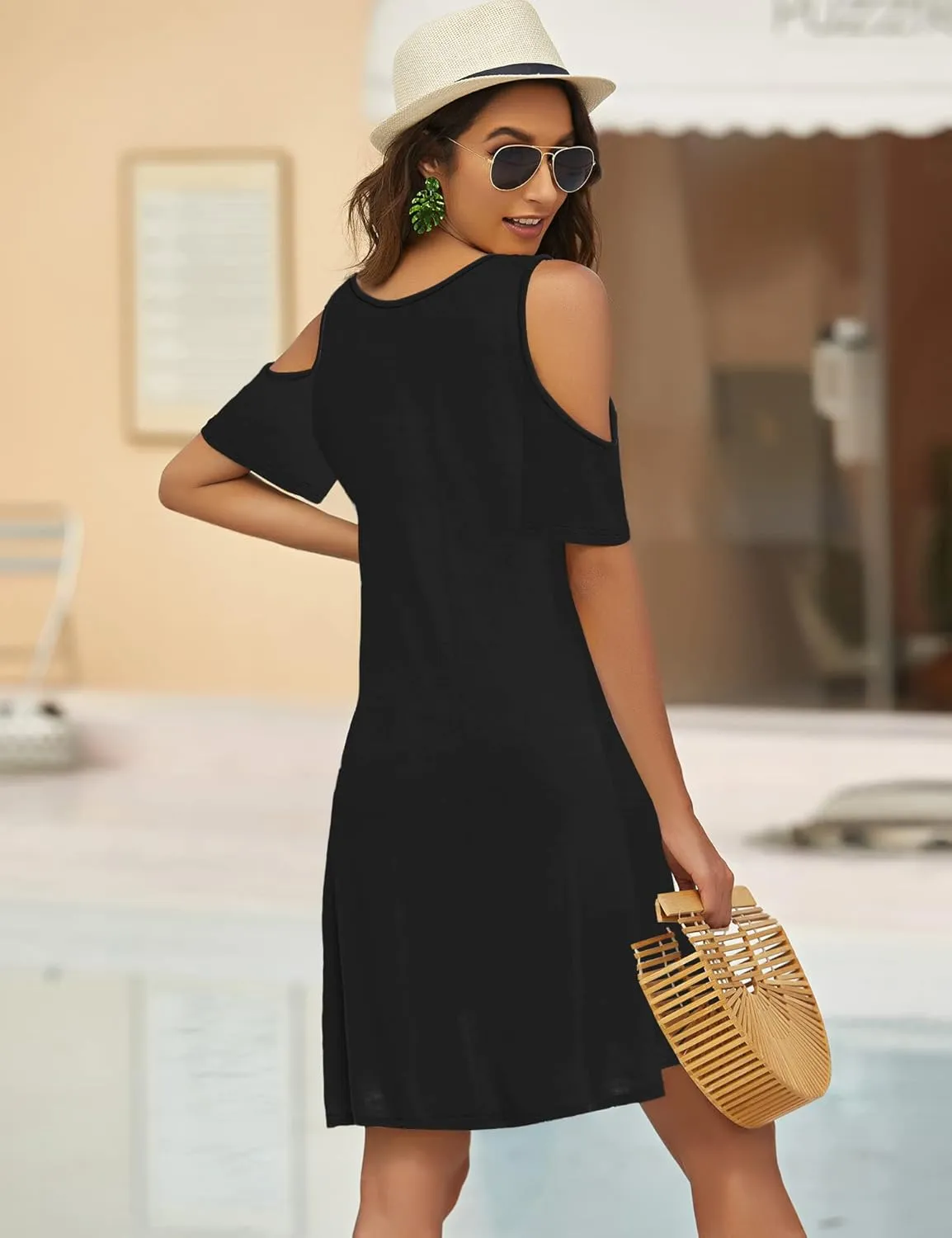 Bluetime Women Cold Shoulder Summer Dress Short Sleeve Beach Casual Loose Swing Dress