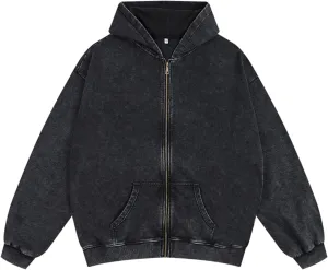 Bobeutou Mens Zip Up Acid Wash Hoodie Vintage Oversized Casual Fall Jacket Cotton Hooded Sweatshirts with Pockets Streetwear